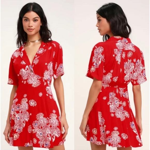 FREE PEOPLE Blue Hawaii Floral Mini Dress Cherry Red Flowers Women's Size XS - Picture 12 of 12